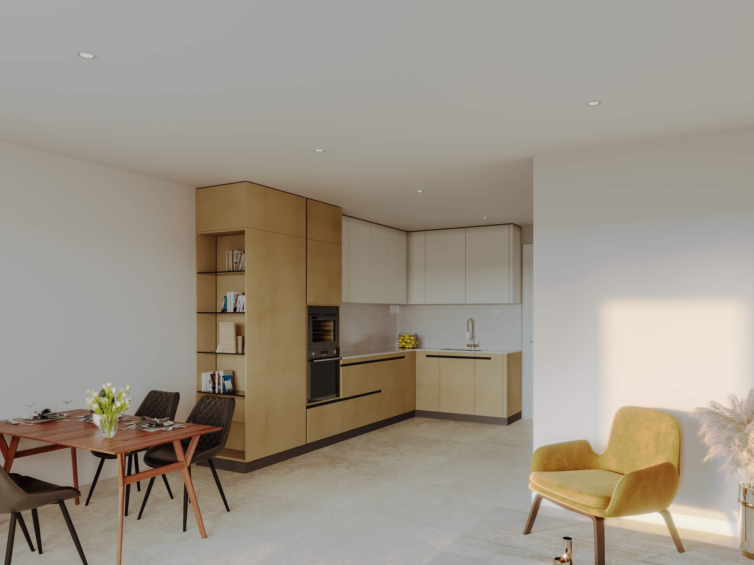 CGI kitchen gold units and dining